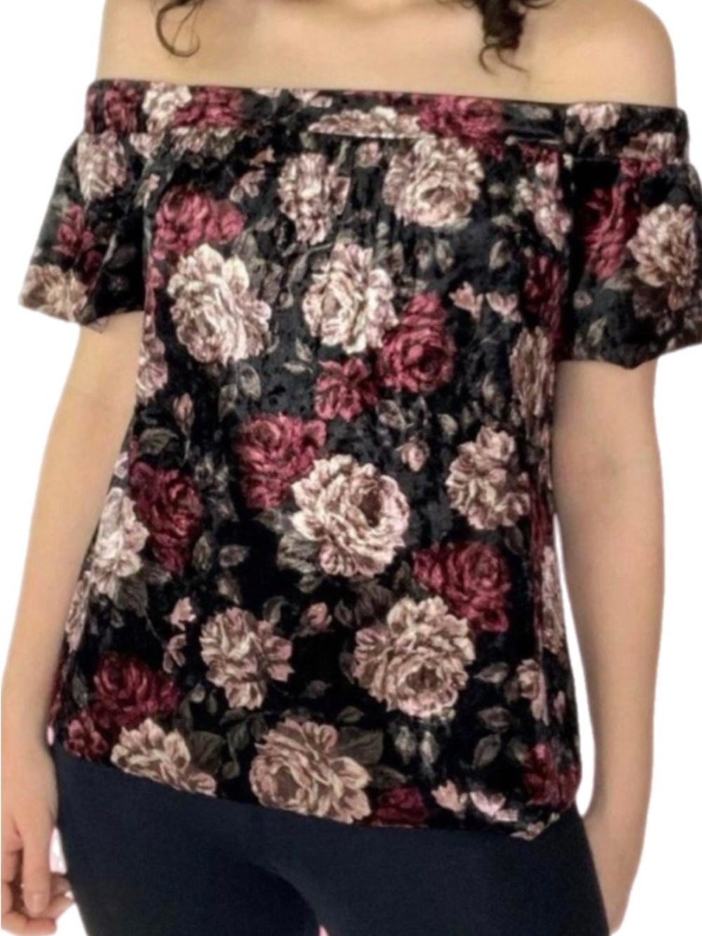 Velvet Floral Peasant Blouse Top Coquette Whimsigoth Off-Shoulder Size Small